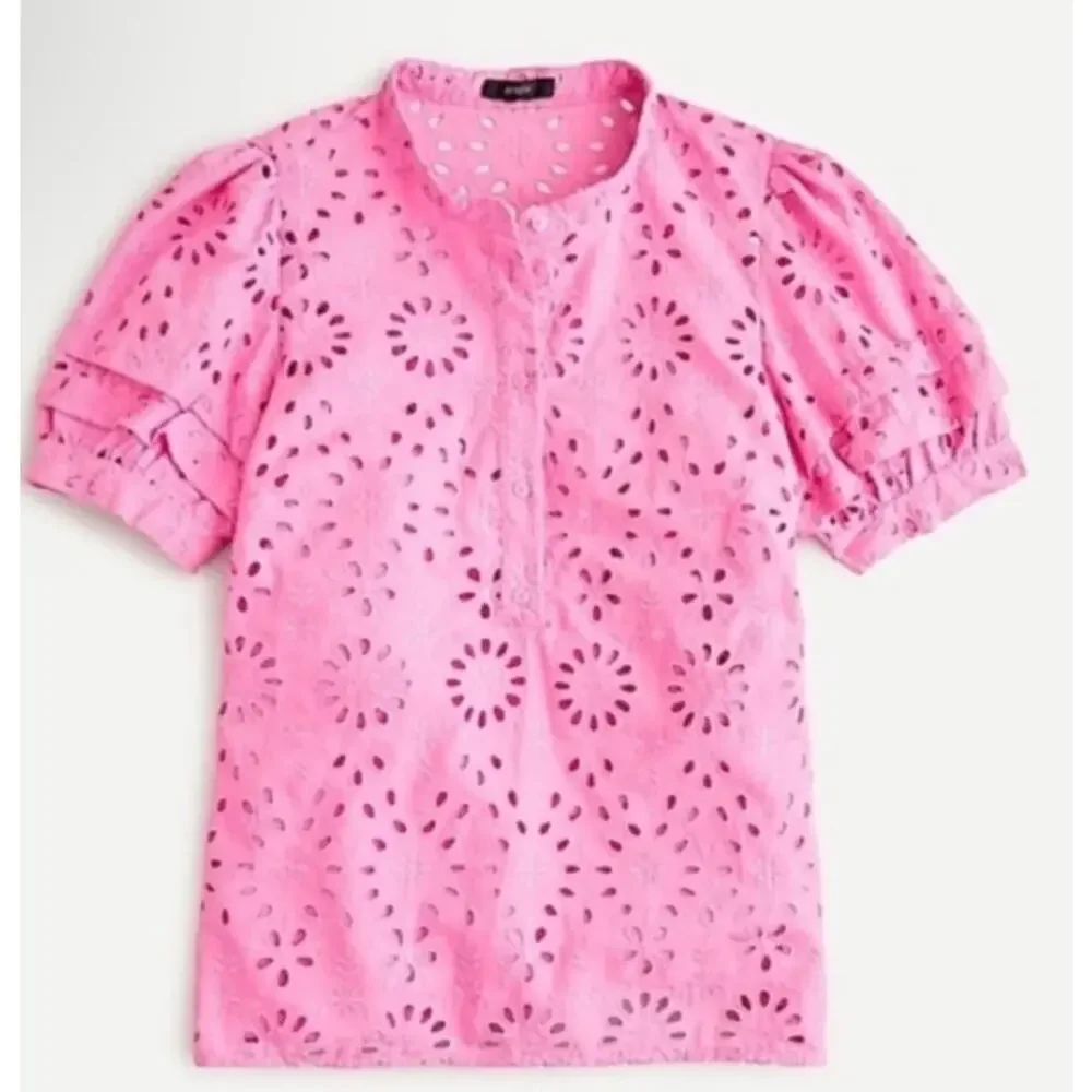J. Crew Puff-Sleeve Popover Top in Pink Eyelet Size Large